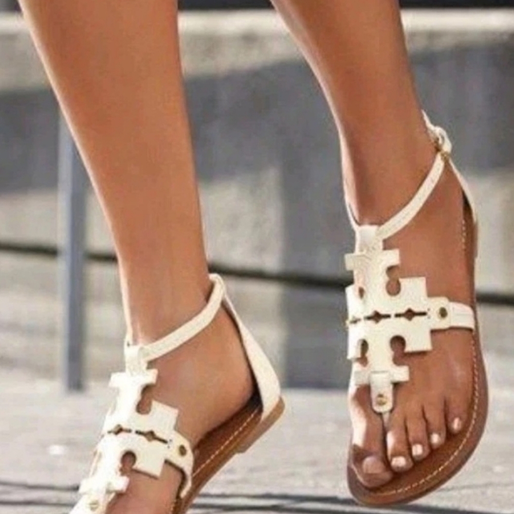 Tory Burch Ivory Leather Thong Sandals with Brown Footbed